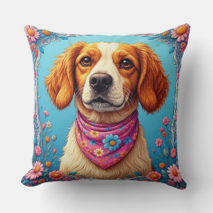 Adorable Dog Framed by Colourful Flowers Cushion