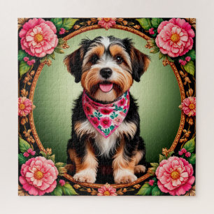 Adorable Dog Framed by Colourful Flowers Jigsaw Puzzle
