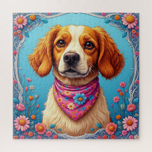 Adorable Dog Framed by Colourful Flowers Jigsaw Puzzle