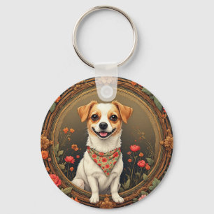 Adorable Dog Framed by Colourful Flowers Key Ring