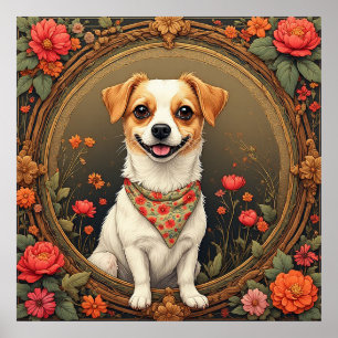 Adorable Dog Framed by Colourful Flowers Poster