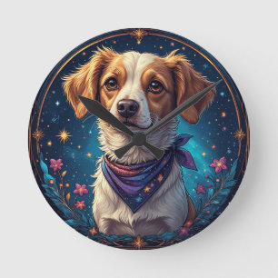 Adorable Dog Framed by Colourful Flowers Round Clock