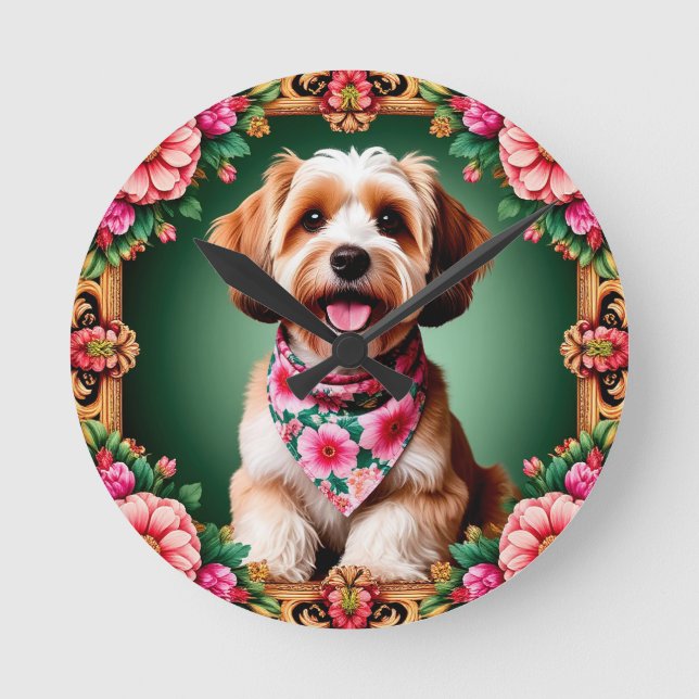 Adorable Dog Framed by Colourful Flowers Round Clock (Front)