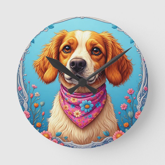 Adorable Dog Framed by Colourful Flowers Round Clock (Front)