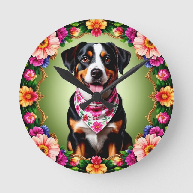 Adorable Dog Framed by Colourful Flowers Round Clock (Front)