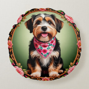 Adorable Dog Framed by Colourful Flowers Round Cushion