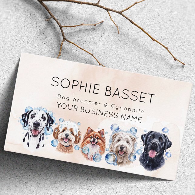 Adorable dog grooming, watercolor beige business card (Creator Uploaded)