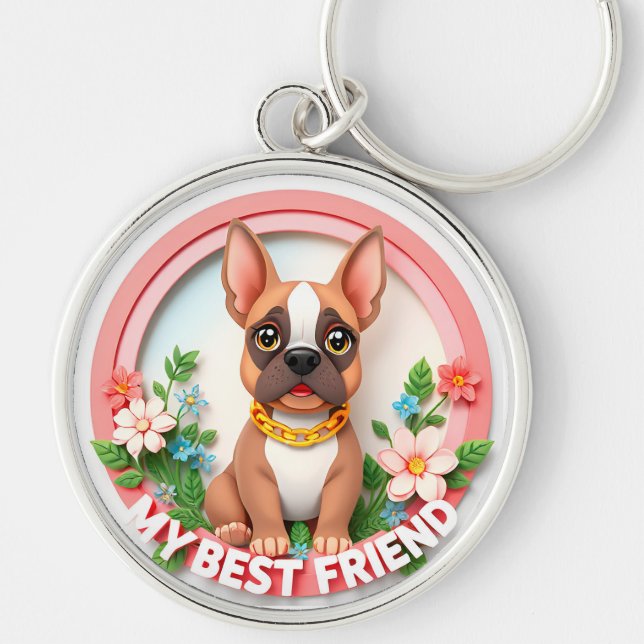 Adorable Dog Illustration With Flowers Key Ring (Front)