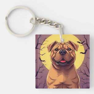 Adorable Dog in Halloween Scene with Pumpkins Key Ring