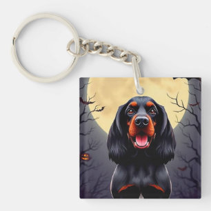 Adorable Dog in Halloween Scene with Pumpkins Key Ring