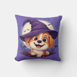 Adorable Dog in Witch Hat Cushion