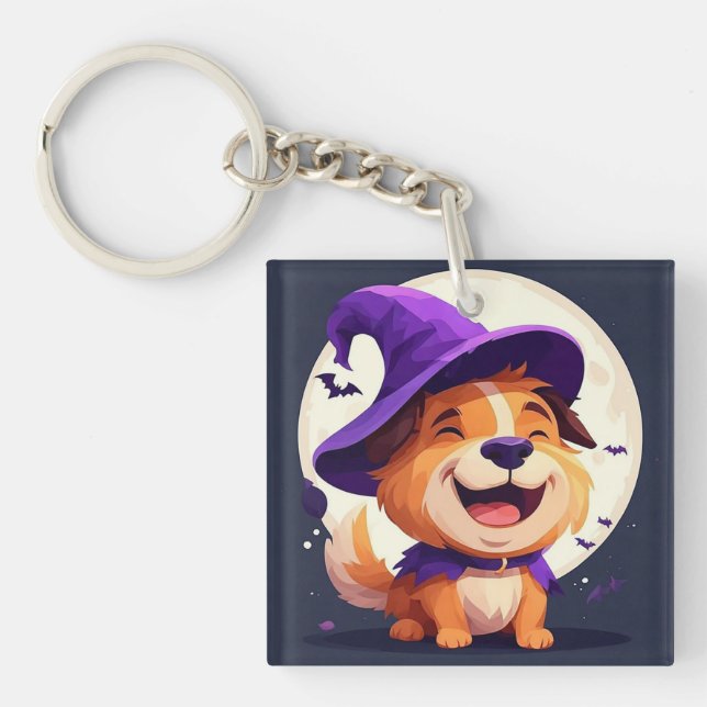 Adorable Dog in Witch Hat Key Ring (Front)