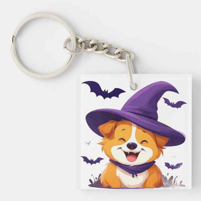 Adorable Dog in Witch Hat Key Ring (Front)