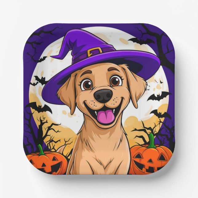 Adorable Dog in Witch Hat Paper Plate (Front)