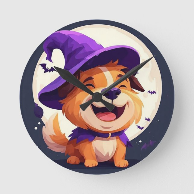 Adorable Dog in Witch Hat Round Clock (Front)