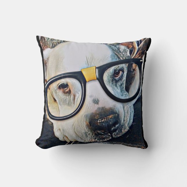 Adorable Dog w/ Glasses & Paw-print Pillow   (Front)