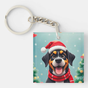Adorable Dog Wearing Santa Hat Key Ring