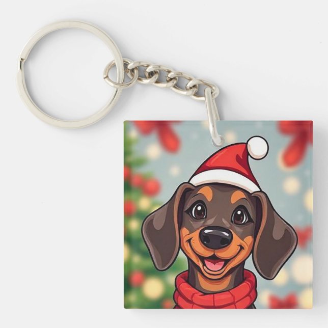 Adorable Dog Wearing Santa Hat Key Ring (Front)