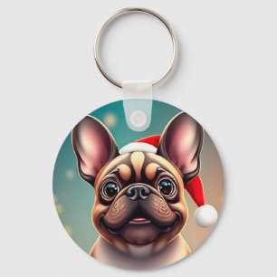 Adorable Dog Wearing Santa Hat Key Ring