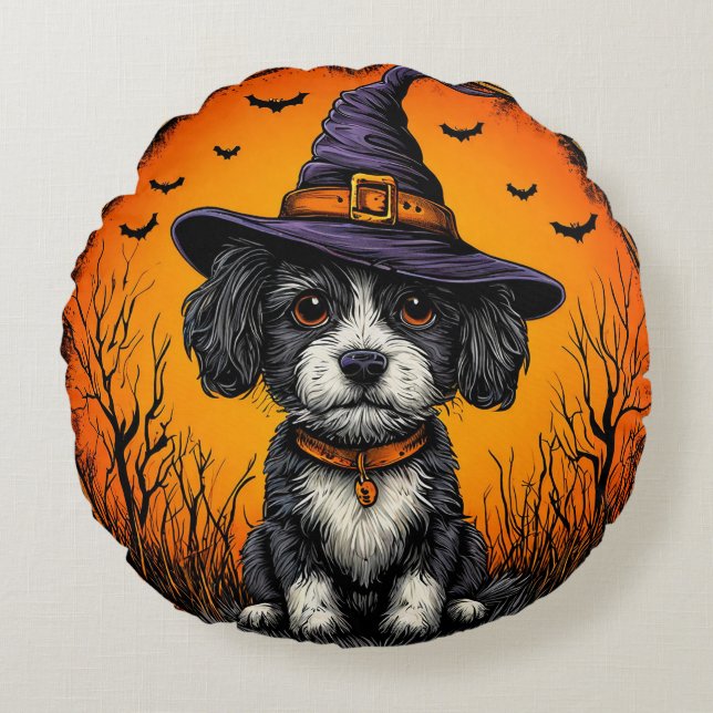Adorable Dog Wearing Witch Hat Round Cushion (Front)