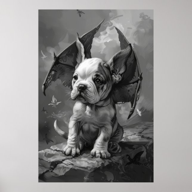 Adorable Dog with Dragon Wings Fantasy Art Poster (Front)