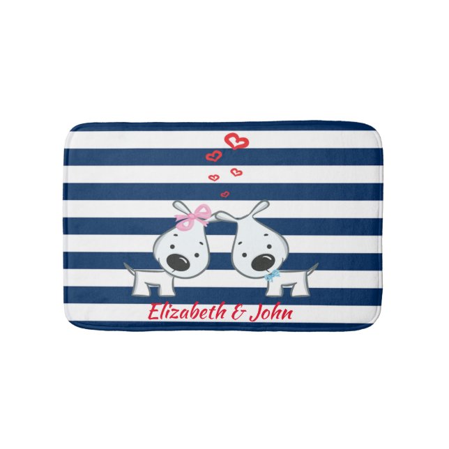 Adorable Dogs In Love on Striped-Personalised Bath Mat (Front)