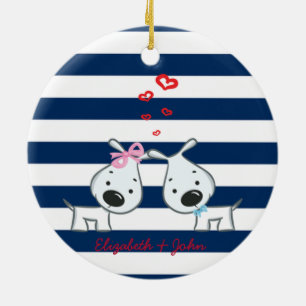 Adorable Dogs In Love on Striped-Personalised Ceramic Tree Decoration