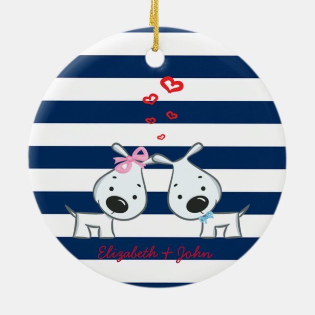 Adorable Dogs In Love on Striped-Personalised Ceramic Tree Decoration (Back)
