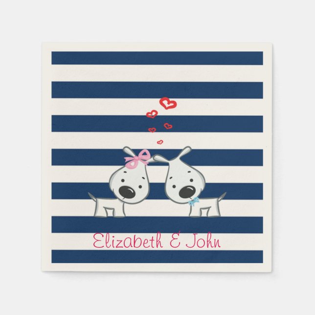 Adorable Dogs In Love on Striped-Personalised Napkin (Front)