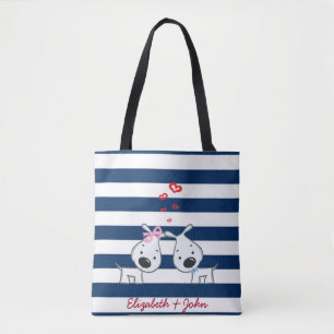 Adorable Dogs In Love on Striped-Personalised Tote Bag