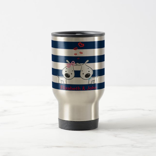 Adorable Dogs In Love on Striped-Personalised Travel Mug (Center)