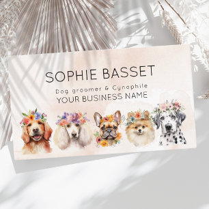 Adorable dogs with flower crown, watercolor beige business card