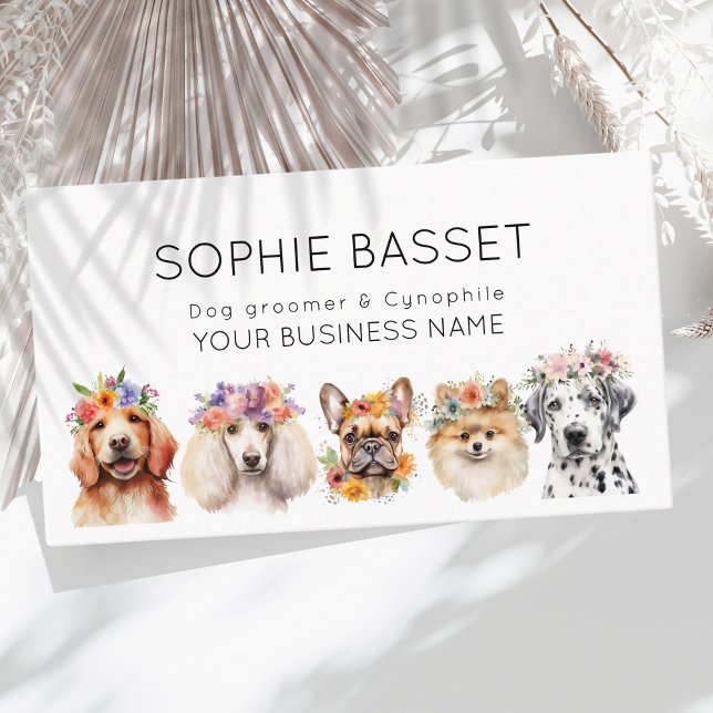 Adorable dogs with flower crown, watercolor white  business card (Creator Uploaded)