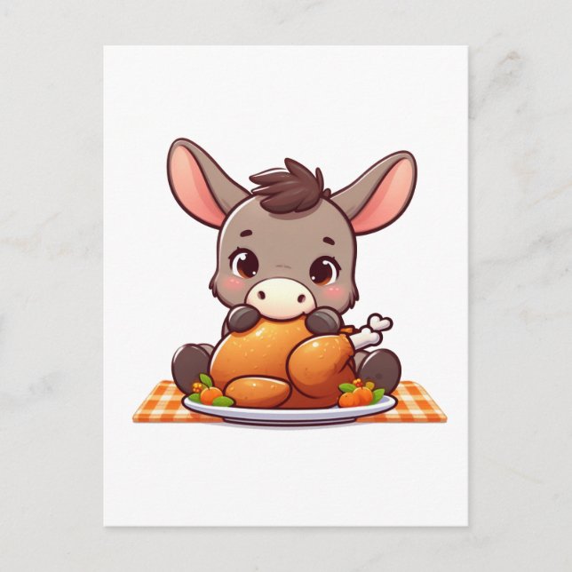 Adorable Donkey Eats Thanksgiving Turkey Postcard (Front)