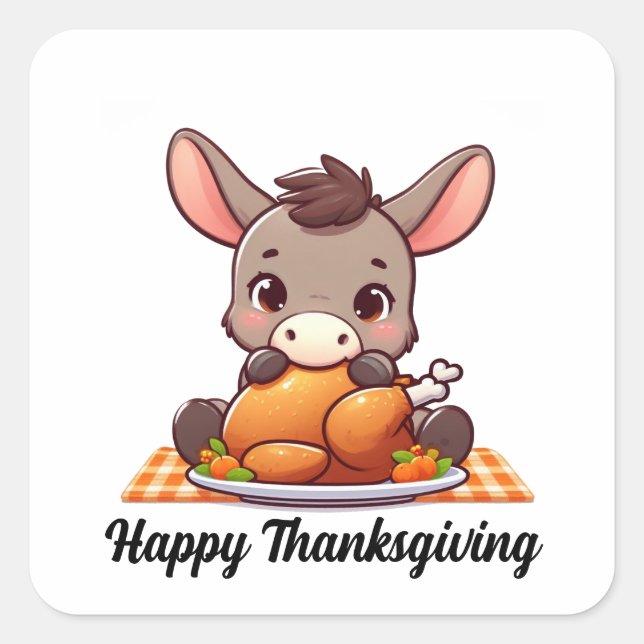 Adorable Donkey Eats Thanksgiving Turkey Square Sticker (Front)
