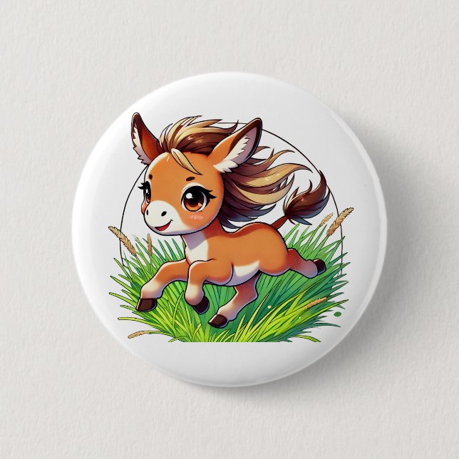 Adorable  donkey happily running 6 cm round badge (Front)