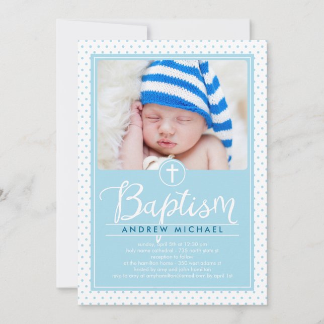Adorable Dots Baptism Invitation - Blue (Front)