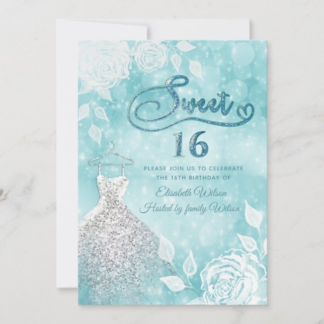 Adorable dress  bokeh white roses sweet sixteen invitation (Front)