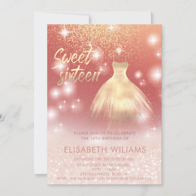 Adorable dress charming rose gold glittery ombre invitation (Front)