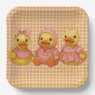 Adorable Duck Trio In Pink Outfits Paper Plate