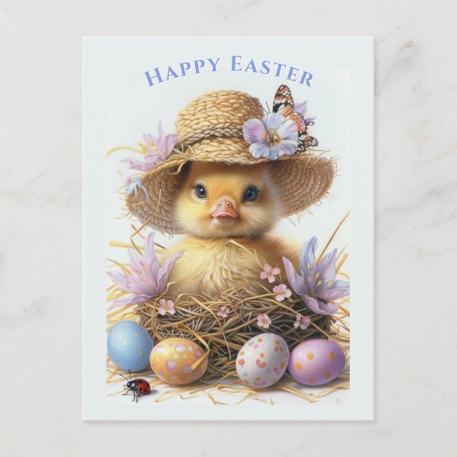 Adorable Duckling Straw Hat Easter Egg Flowers Postcard (Front)