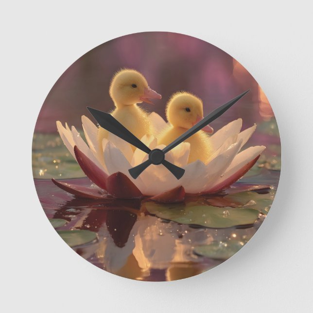 Adorable Ducklings in a Water Lily Flower Round Clock (Front)