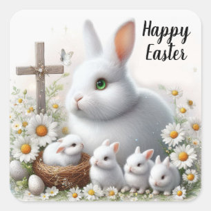Adorable Easter Bunnies, Cross and Daisies  Square Sticker