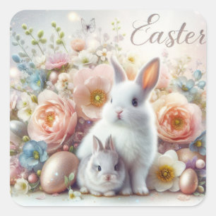 Adorable Easter Bunnies, Easter Eggs and Flowers Square Sticker