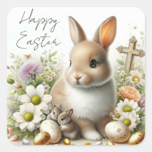Adorable Easter Bunnies, Easter Eggs, Flowers  Square Sticker