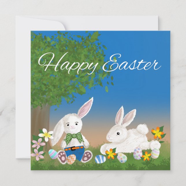 Adorable Easter Bunnies Playing with Easter Eggs Holiday Card (Front)