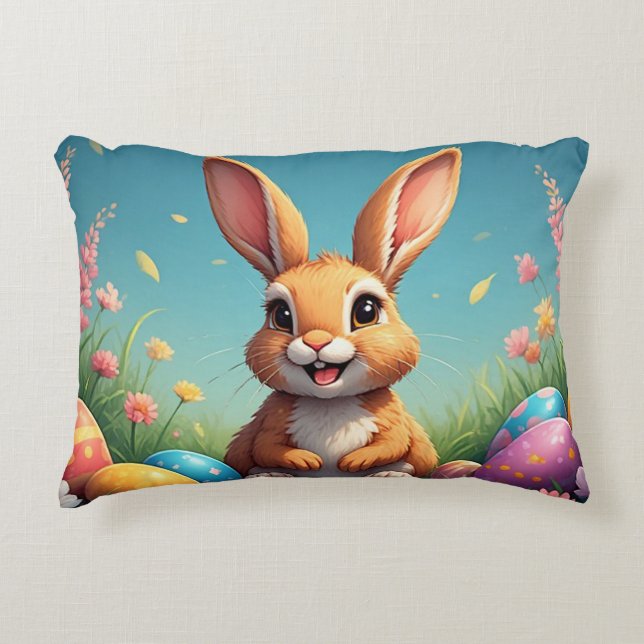 Adorable Easter Bunny Among Colourful Eggs Decorative Cushion (Front)