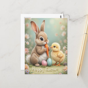 Adorable Easter Bunny and Chick Spring Greeting Postcard