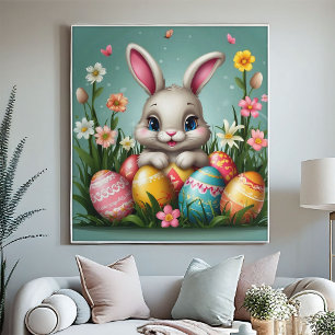 Adorable Easter Bunny Colourful Eggs Spring Flower Poster