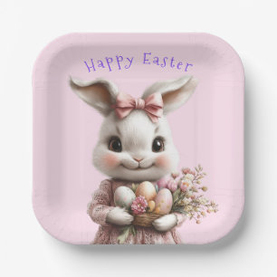 Adorable Easter Bunny Pink Bow Coloured Eggs Paper Plate